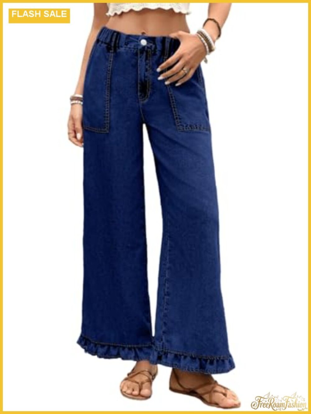 Wide Leg Ruffle Hem Jeans High Rise Elastic Waist Boho Denim Pants
